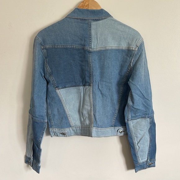 JONATHAN SIMKHAI STANDARD Mirage Patchwork Distressed Denim Blue Jean Jacket - Picture 10 of 17